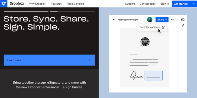 Screenshot of a Dropbox interface displaying an open document titled "lease-agreement.pdf" with an option for sending it for signature using Biteable video maker.