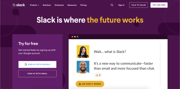 Homepage of slack's website displaying the tagline "slack is where the future works," with options to sign in and a Biteable video maker interface showing user interactions.