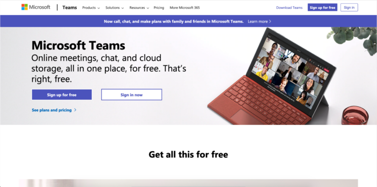 Screenshot of the Microsoft Teams webpage, highlighting features like online meetings and cloud storage, showcasing a laptop with the Biteable video maker interface.