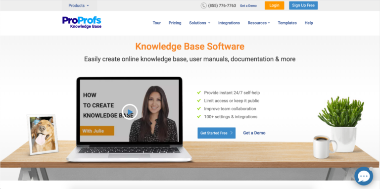 Screenshot of proprofs knowledge base software website homepage, featuring a "how to create knowledge base" video made with Biteable video maker, with a female presenter and various webpage elements like menu and help