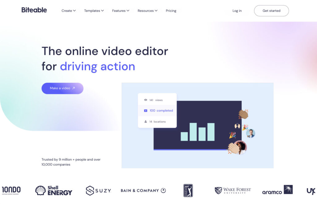 Screenshot of the Biteable video maker homepage highlighting its video editing features, displaying user statistics, with logos of notable client companies below.