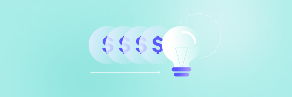 Graphic created using Biteable video maker showing a lightbulb with a progression of dollar signs increasing in size, symbolizing the concept of growing financial ideas or investments.