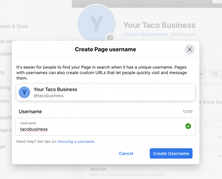 Screenshot of a "create page username" dialog for "your taco business" on the Biteable video maker website, showing a selected username "tacobusiness" with a green checkmark indicating availability.