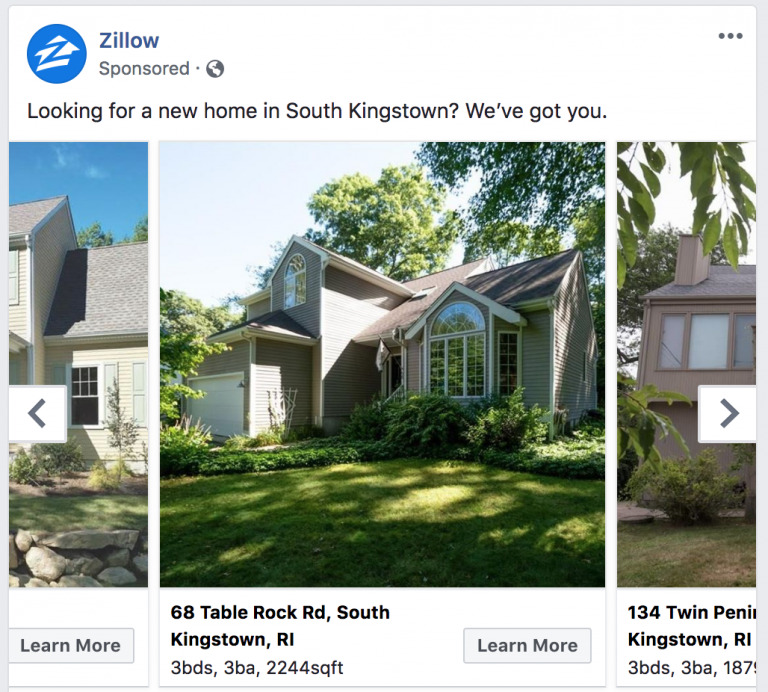 A sponsored Zillow Biteable video maker ad on Facebook featuring two suburban homes in South Kingstown with details on bedrooms, bathrooms, and square footage.