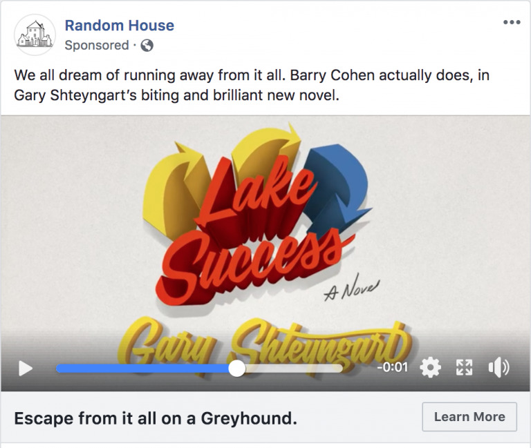 Sponsored Facebook ad for "Lake Success," a novel by Gary Shteyngart, featuring a playful book cover design and a play button for video content created using Biteable video maker.
