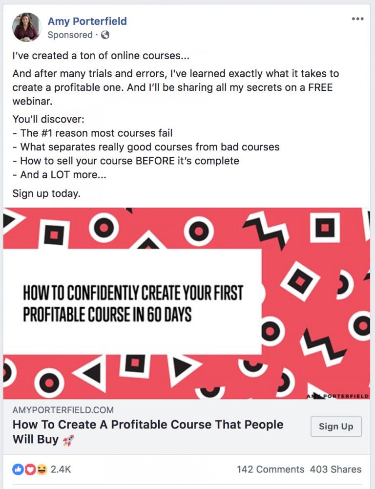 Screenshot of a Facebook ad by Amy Porterfield promoting a free webinar on creating profitable online courses, featuring a bold red background with text and a sign-up button created using Biteable video maker.
