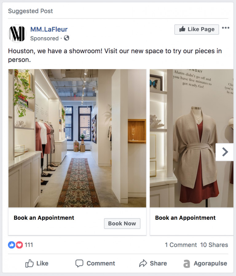 Interior of mm.lafleur showroom featuring elegant clothing displays, a styled mannequin, and a long hallway with a decorative rug captured in a Biteable video.