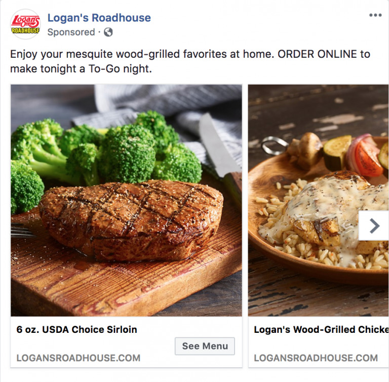 Advertisement for Logan's Roadhouse featuring a biteable video maker showcasing grilled steak and chicken with sides served on wooden tables.