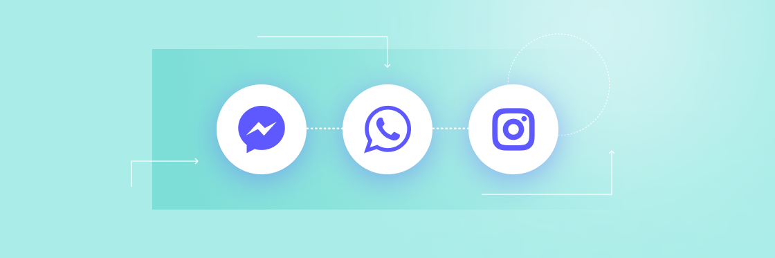 Graphic showing three social media icons (Messenger, WhatsApp, Instagram) connected by lines on a light teal background, created using Biteable video maker.