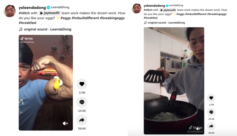 Split-screen image: left side showing a man cracking an egg with a muscular arm; right side depicting another man cooking eggs in a kitchen using Biteable video maker.