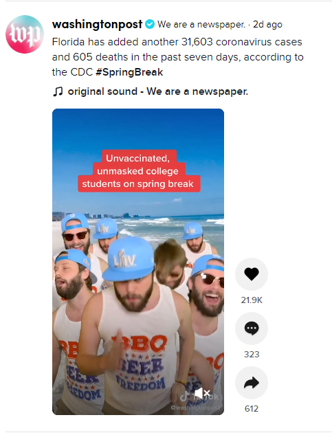 Screenshot of a Washington Post Instagram post featuring a Biteable video maker clip of four unmasked men, likely college students, at a beach, with COVID-19 statistics overlay.