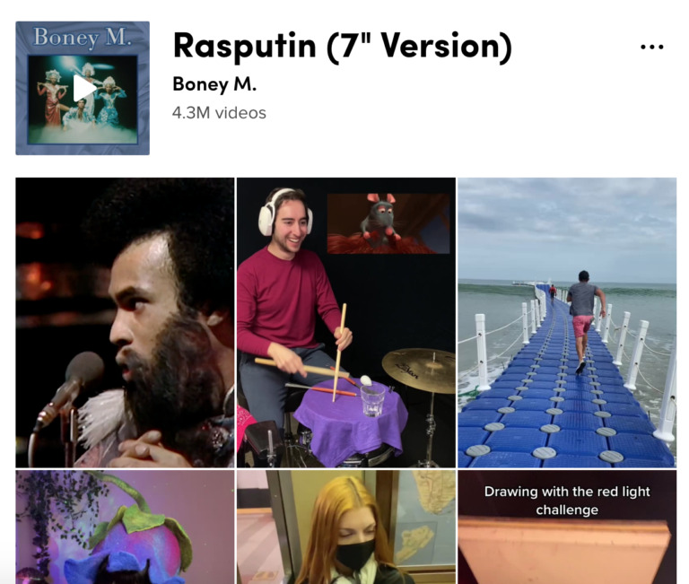 Collage of six images related to Boney M.'s "Rasputin" song created using Biteable video maker: band member singing, man drumming with a puppet, person walking on