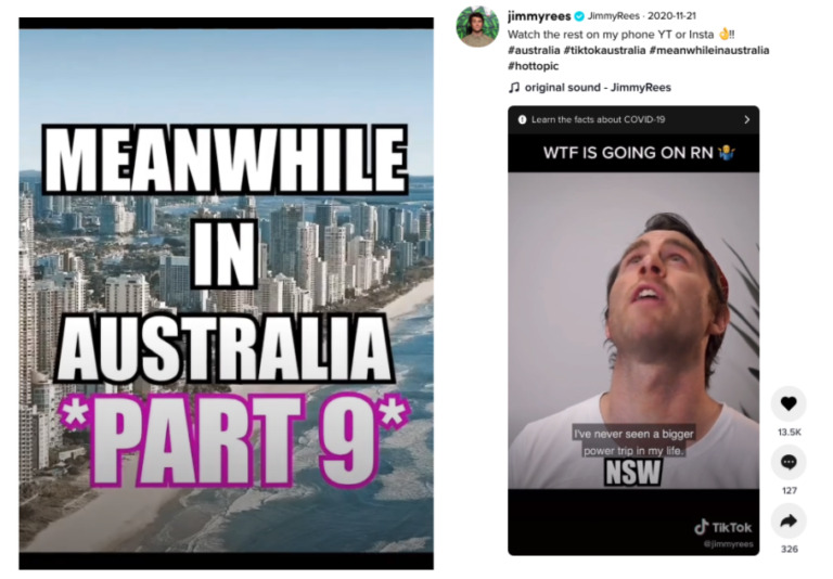 Split image with text "meanwhile in australia part 9" over city and beach view, and a man looking up in awe on a Biteable video maker screen.