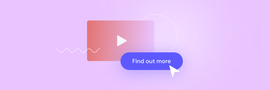 Illustration of a Biteable video play button on a red gradient background next to a "find out more" call-to-action button.