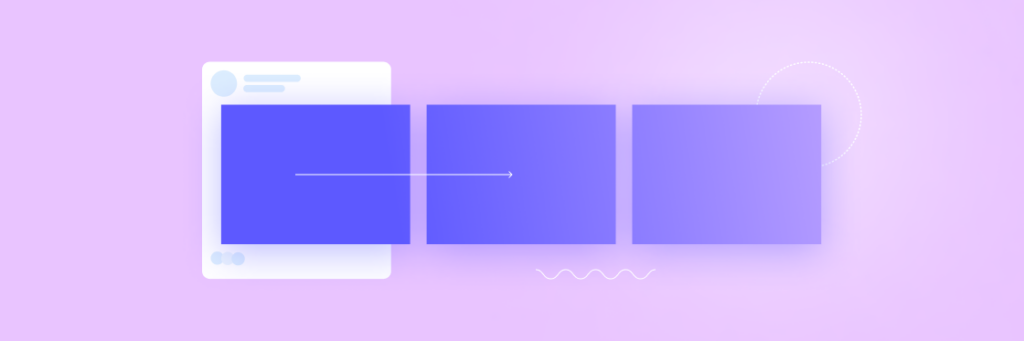 Graphic of a stylized smartphone displaying three blue squares, symbolizing a user interface for Biteable video maker, on a purple background.