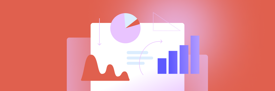 Graphic illustration showing a variety of business charts and graphs, including pie charts and bar graphs, created using Biteable video maker, on a warm coral background.