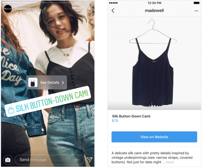 Two screenshots of the Biteable video maker showing a group of women wearing denim and a product page for a silk button-down cami priced at $78.