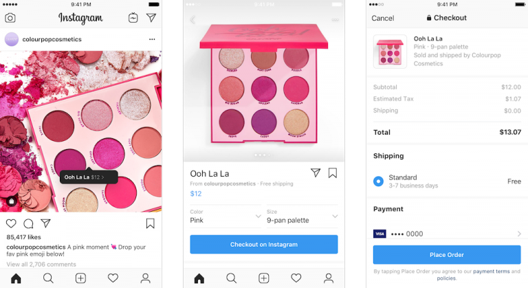 Three screenshots from the Biteable video maker showing ColourPop Cosmetics eyeshadow collection, product details for a pink eyeshadow palette, and a checkout screen with payment details.