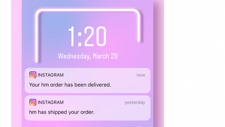 Smartphone screen displaying notifications about an order delivery from Instagram, with the top message confirming delivery and the previous message notifying shipment from Biteable video maker.