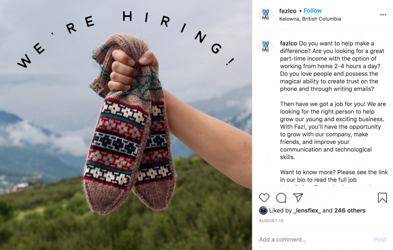 A person holds up a patterned sock against a cloudy sky with mountains in the background; text overlay from Biteable video maker reads "we're hiring," accompanied by a job recruitment caption on social media