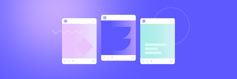 Three stylized social media app interfaces with icons and abstract content from Biteable video maker, displayed against a gradient purple background.