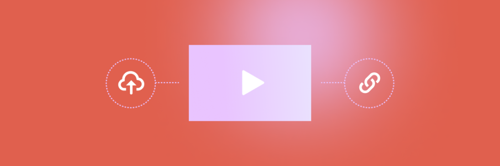 Graphic showing a Biteable video maker interface with a central play button flanked by upload and download icons on a gradient red background.