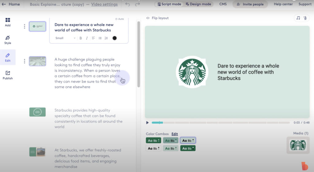 A split-screen image showing a Biteable video maker interface on the left and a Starbucks promotional graphic on the right.