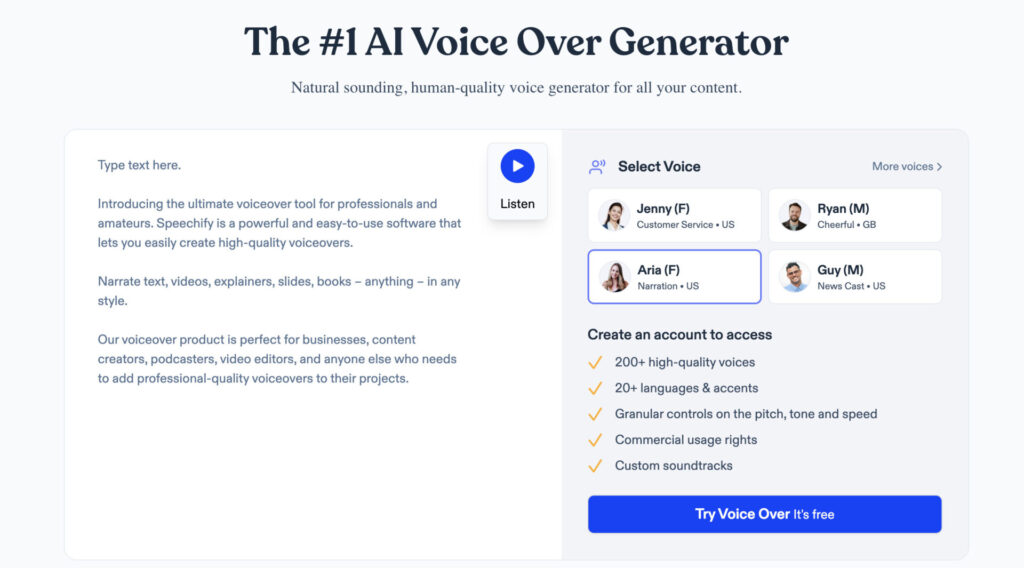 Screenshot of a website offering ai voice generator services, featuring text input fields, voice style options, and a blue "try Biteable video maker free" button.