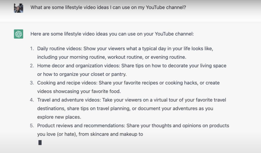 Screenshot of a list with five lifestyle video ideas for a YouTube channel, including daily routines, home decor tips, travel adventures, and product reviews using Biteable video maker.