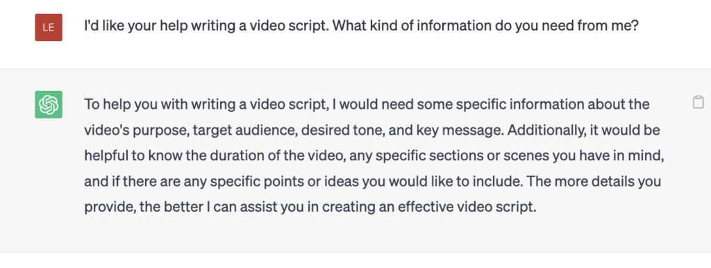 A screenshot displaying a message response from Biteable video maker offering guidance on writing a video script, requesting specific details about the video's purpose, audience, and key message.