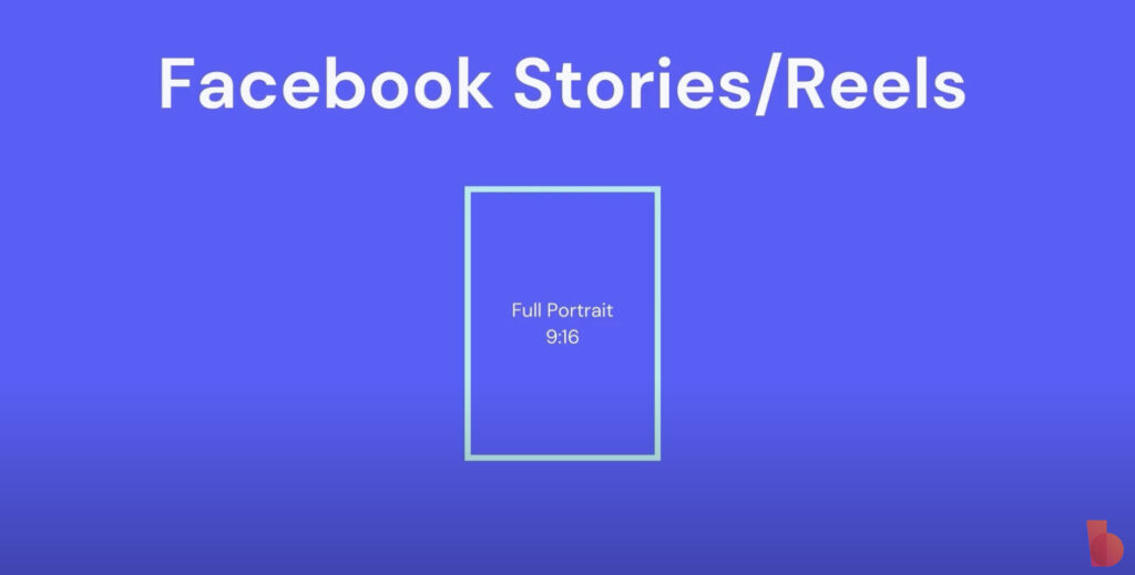 Illustration showing the aspect ratio for Facebook stories/reels, labeled as "full portrait 9:16" on a blue background with the Biteable video maker logo on the bottom right.