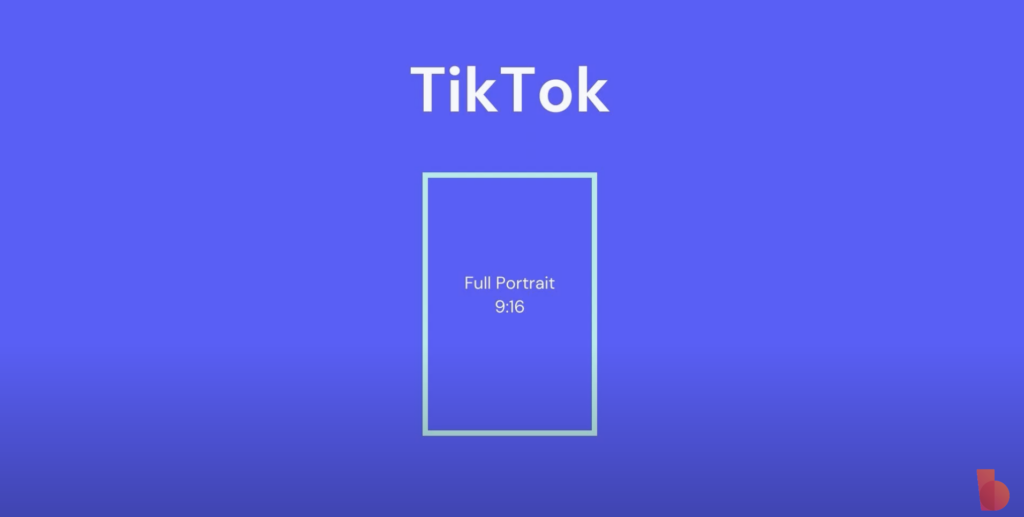 Graphic created by Biteable video maker illustrating TikTok's recommended video dimensions for a full portrait (9:16 ratio) on a blue background with the TikTok logo at the top.