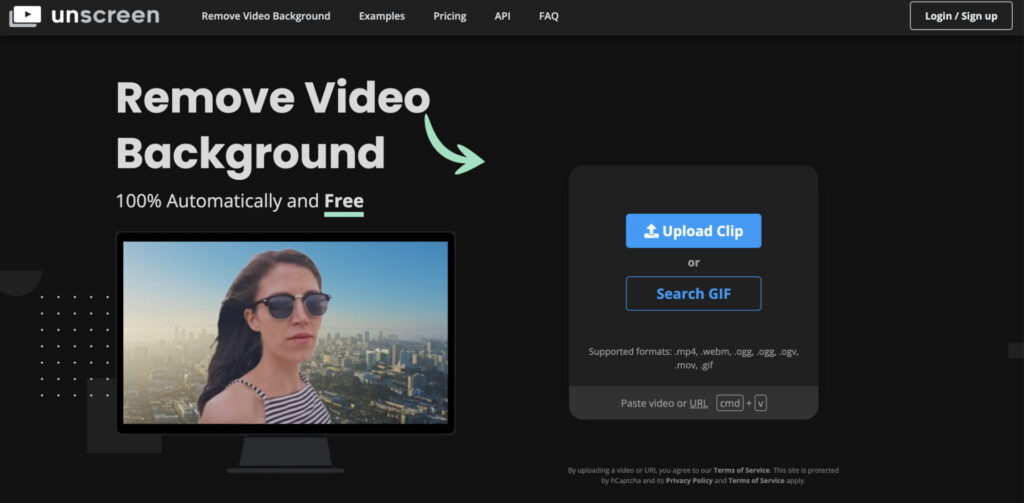 A website homepage displaying a service to remove video backgrounds, featuring the Biteable video maker interface with an example video of a woman in sunglasses with a cityscape behind her.