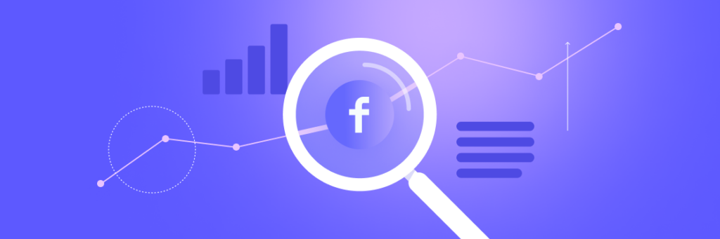 A graphic showcasing a magnifying glass focusing on the facebook logo, surrounded by various analytical charts, against a gradient blue background created with Biteable video maker.