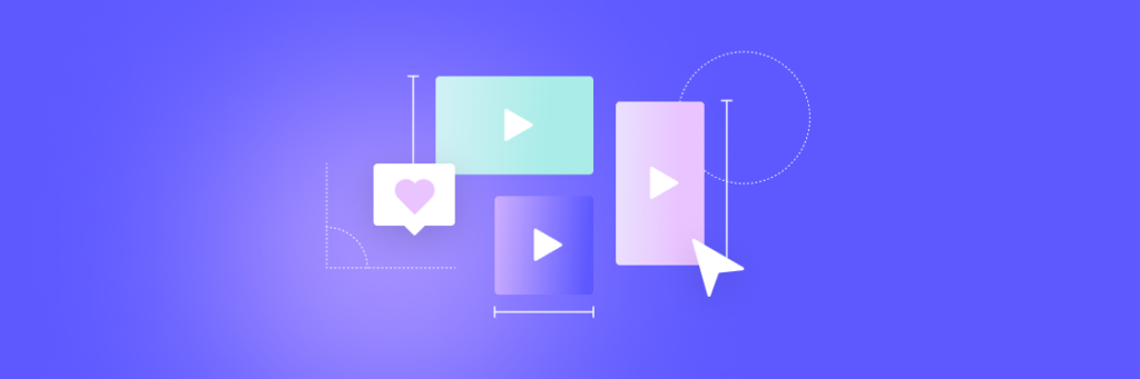 Graphic illustration on a blue background featuring various social media icons, including a play button, heart, and arrow from Biteable video maker, symbolizing digital interaction and engagement.