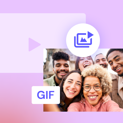 A collage featuring icons for video, analytics, and gif formats overlaying a diverse group of cheerful friends taking a selfie.