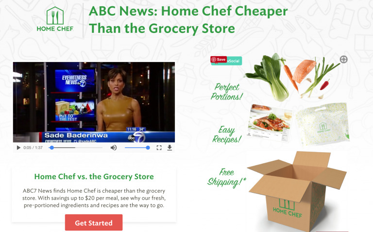 Website homepage for abc news feature on home chef, showing a Biteable video still of a news anchor, images of fresh ingredients, packaged meals, and promotional text about savings and free shipping.