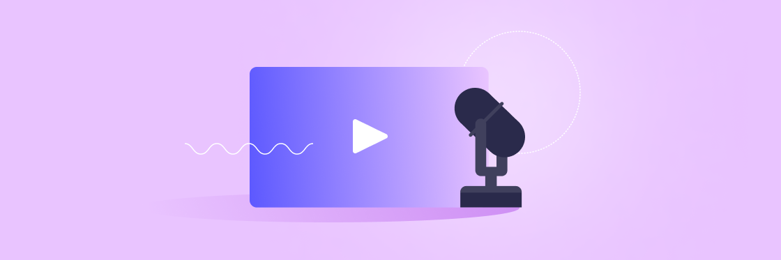 Illustration of a Biteable video maker podcast setup with a play button icon and a microphone against a purple background.