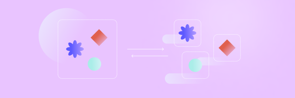 Illustration of a flowchart with geometric shapes: a red diamond, a purple flower, and a green oval in Biteable video maker, showing a transformation process between two stages.