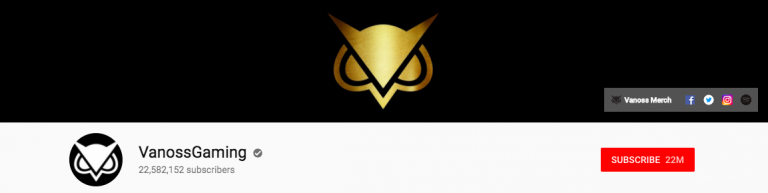 YouTube channel banner for vanOsSGaming featuring a gold owl logo, 22,582,152 subscribers, and a red 'subscribe' button showing 22m subscribers made with Biteable video maker