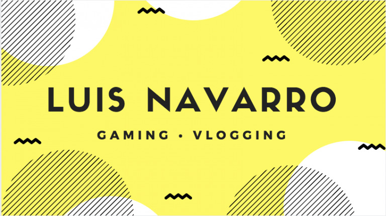 Business card design featuring the name "Luis Navarro" centered in bold, with the words "gaming • vlogging • Biteable video maker" below, set against a yellow geometric patterned