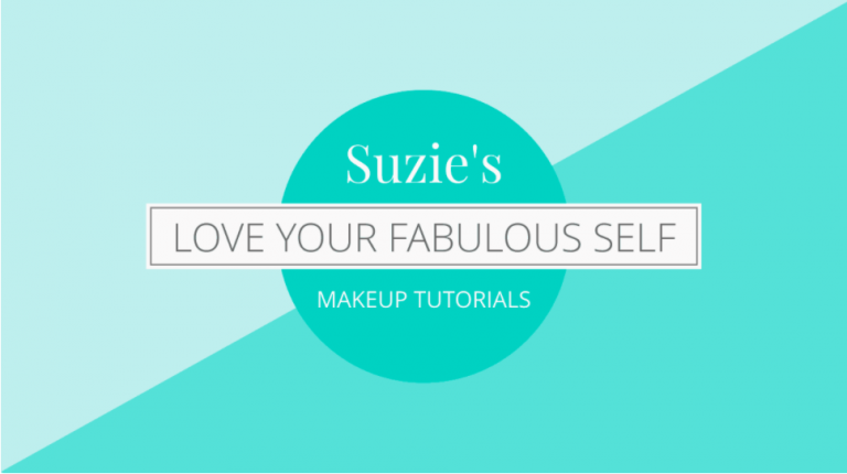 Graphic banner with teal background and text "suzie's love your fabulous self makeup tutorials" in white and pink fonts inside an oval frame, created using Biteable video maker.