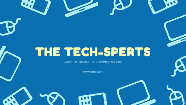 Blue background with a pattern of white tech-related icons and the text "the tech-sperts" centered, plus a subtitle and a Biteable video maker link at the bottom.