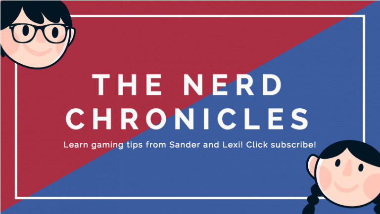 Graphic for "the nerd chronicles" YouTube channel created with Biteable video maker, featuring text inviting users to learn gaming tips from Sander and Lexi with cartoon representations of two characters.