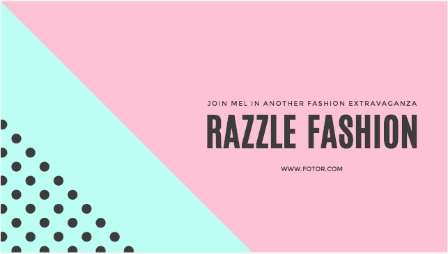 Promotional graphic for "razzle fashion" featuring a split background in pink and teal, with dotted patterns and the text "join Mel in another fashion extravaganza," created with Biteable video