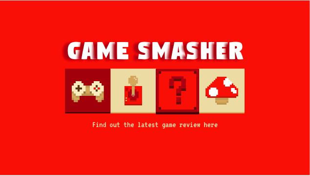 Retro-style banner featuring the text "game smasher" with pixelated icons including a game controller, a trophy, a question mark, and a mushroom on red background, designed using Biteable video