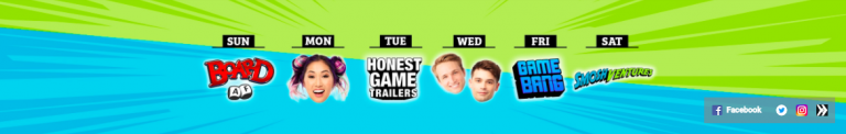 Weekly schedule banner created using Biteable video maker, with days labeled Sun to Sat, each featuring a different theme or game, with cartoon and real faces, set against a vibrant green striped background.