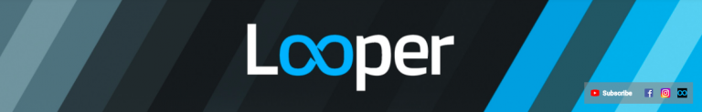Banner image featuring the logo "looper" in white text on a black and blue striped background with Biteable video maker and social media icons in the lower right corner.