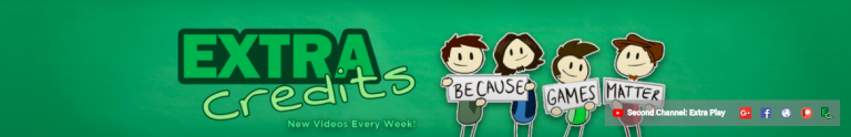 A banner for "extra credits" created using Biteable video maker, featuring cartoon characters holding signs that read "because games matter," with social media icons at the bottom right.