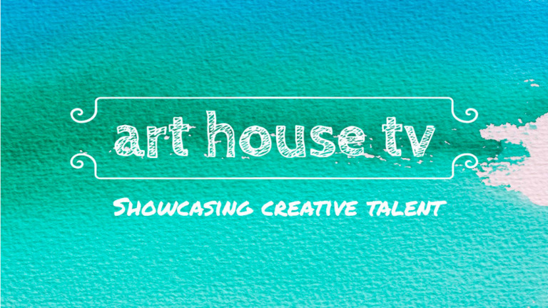Text "art house tv - showcasing creative talent" on a textured turquoise background with a splattered white paint effect created using Biteable video maker.